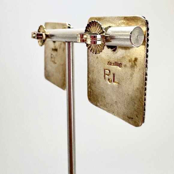 VTG Sterling Silver Navajo Paul Largo Turquoise Multi Stone Inlay Earrings 1" L - Picture 8 of 13